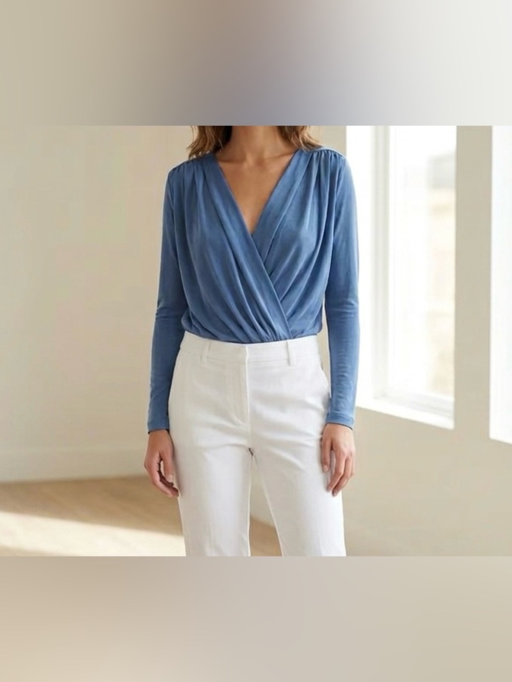 Free People Turnt Bodysuit Long Sleeve Plunge V Neck Copenhagen Blue Size S